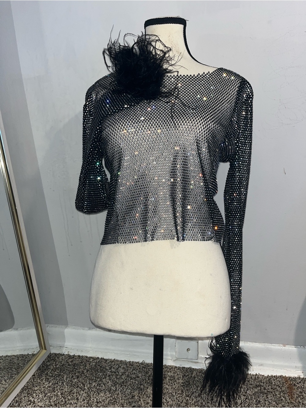 AKIRA Black Metallic Mesh Long Sleeve Top with Feather Accents